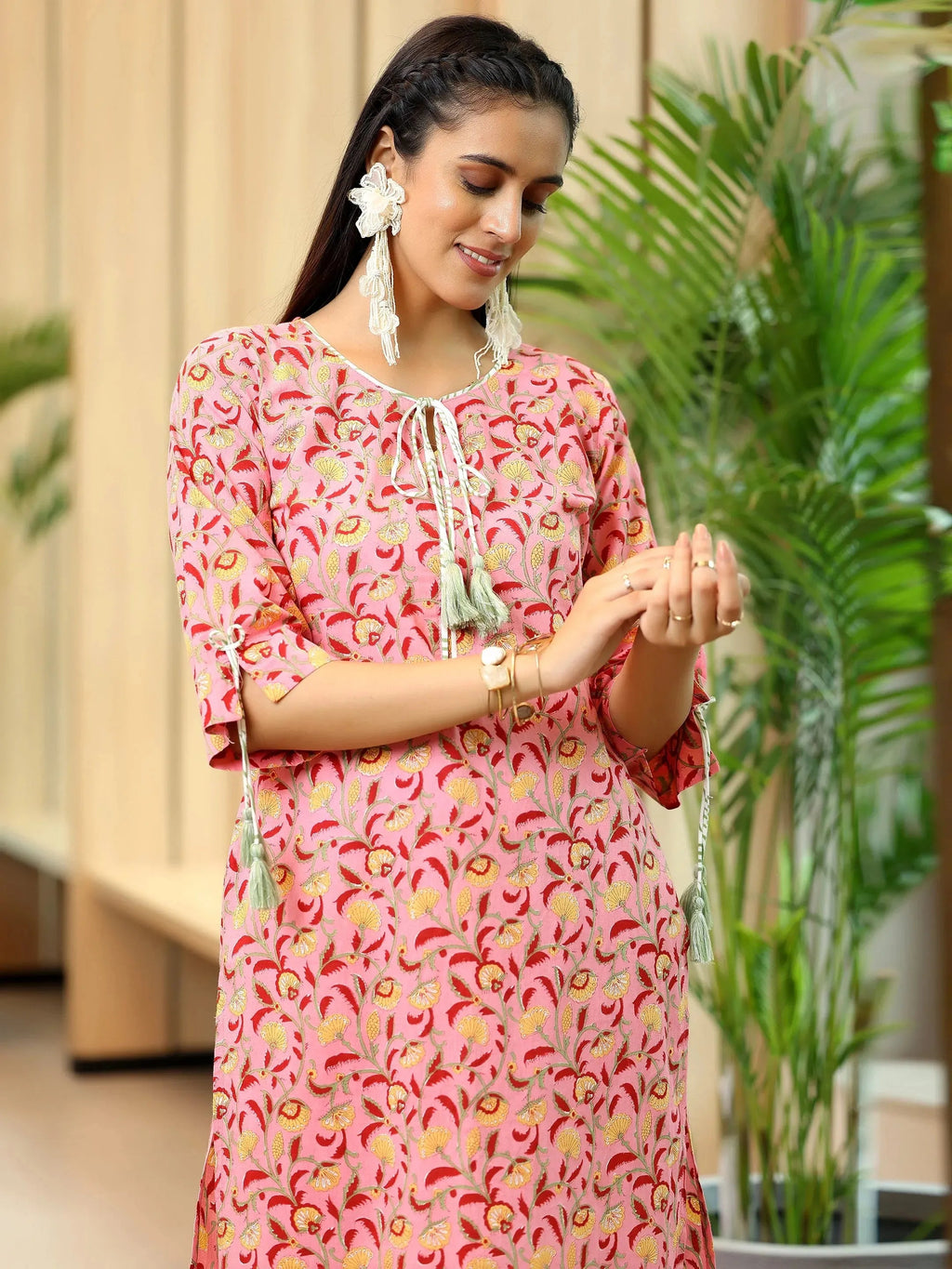 Peach Printed Cotton Straight Suit With Dupatta