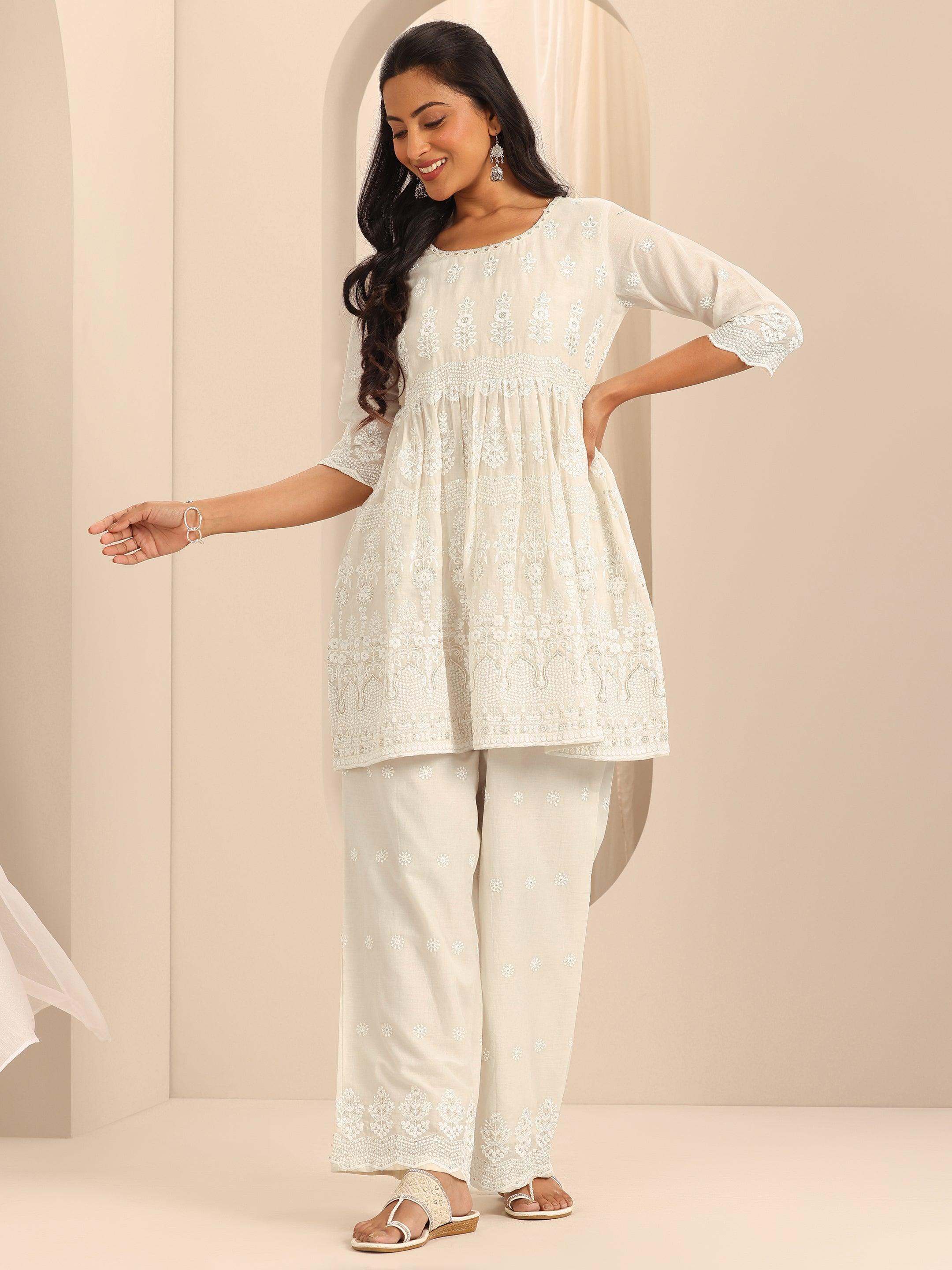 Off White Embroidered Cotton Co-Ords