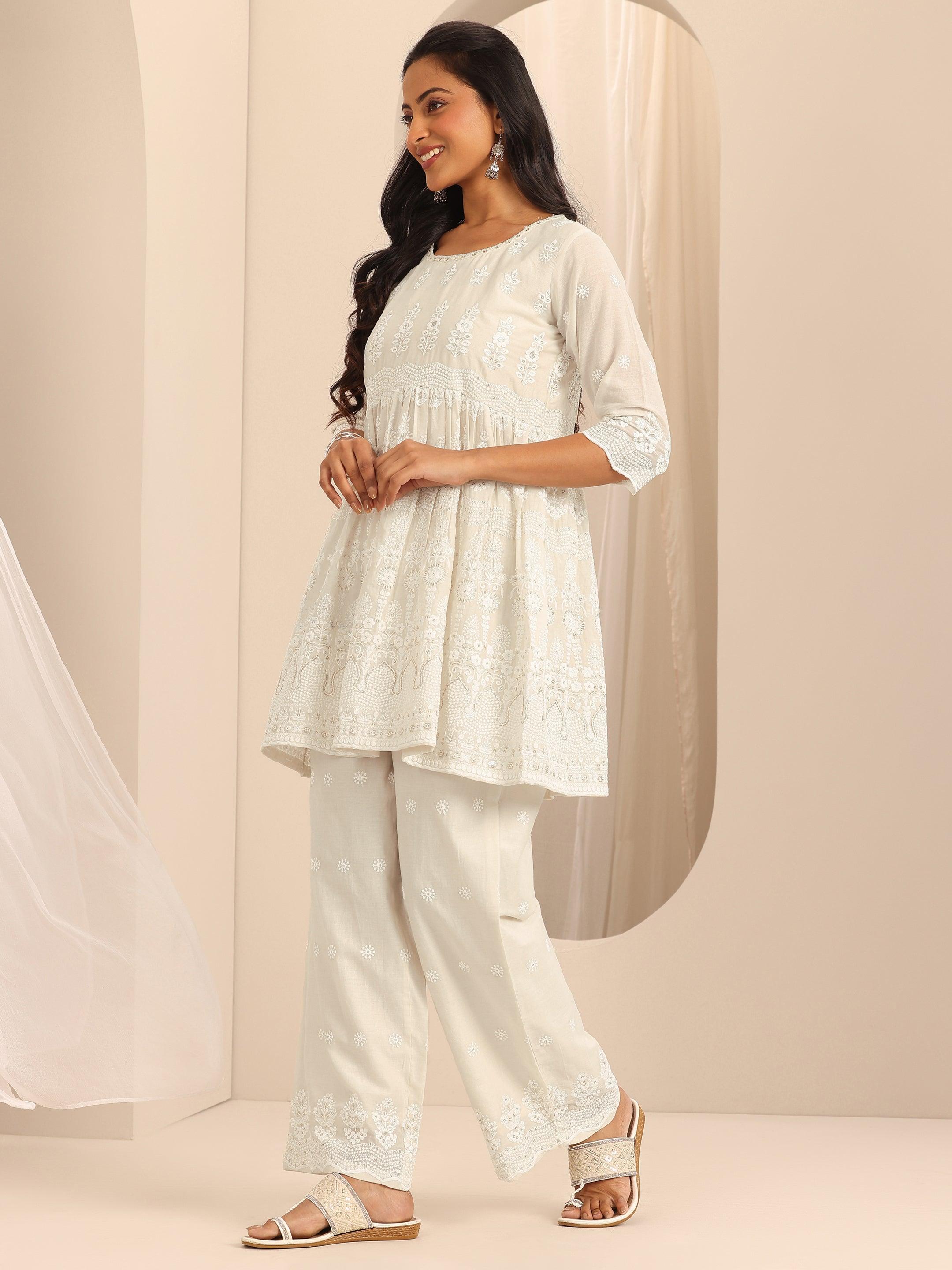 Off White Embroidered Cotton Co-Ords