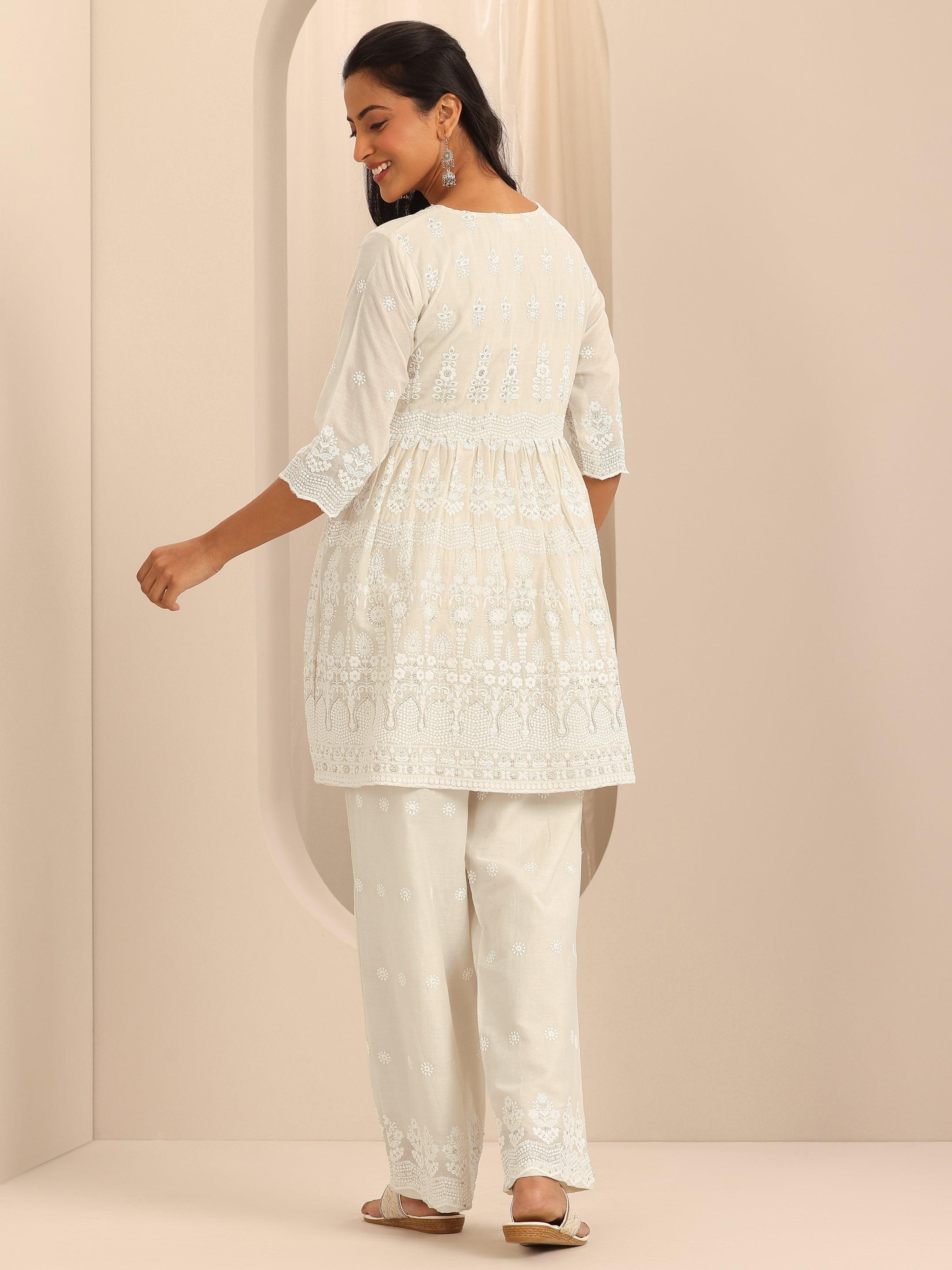 Off White Embroidered Cotton Co-Ords