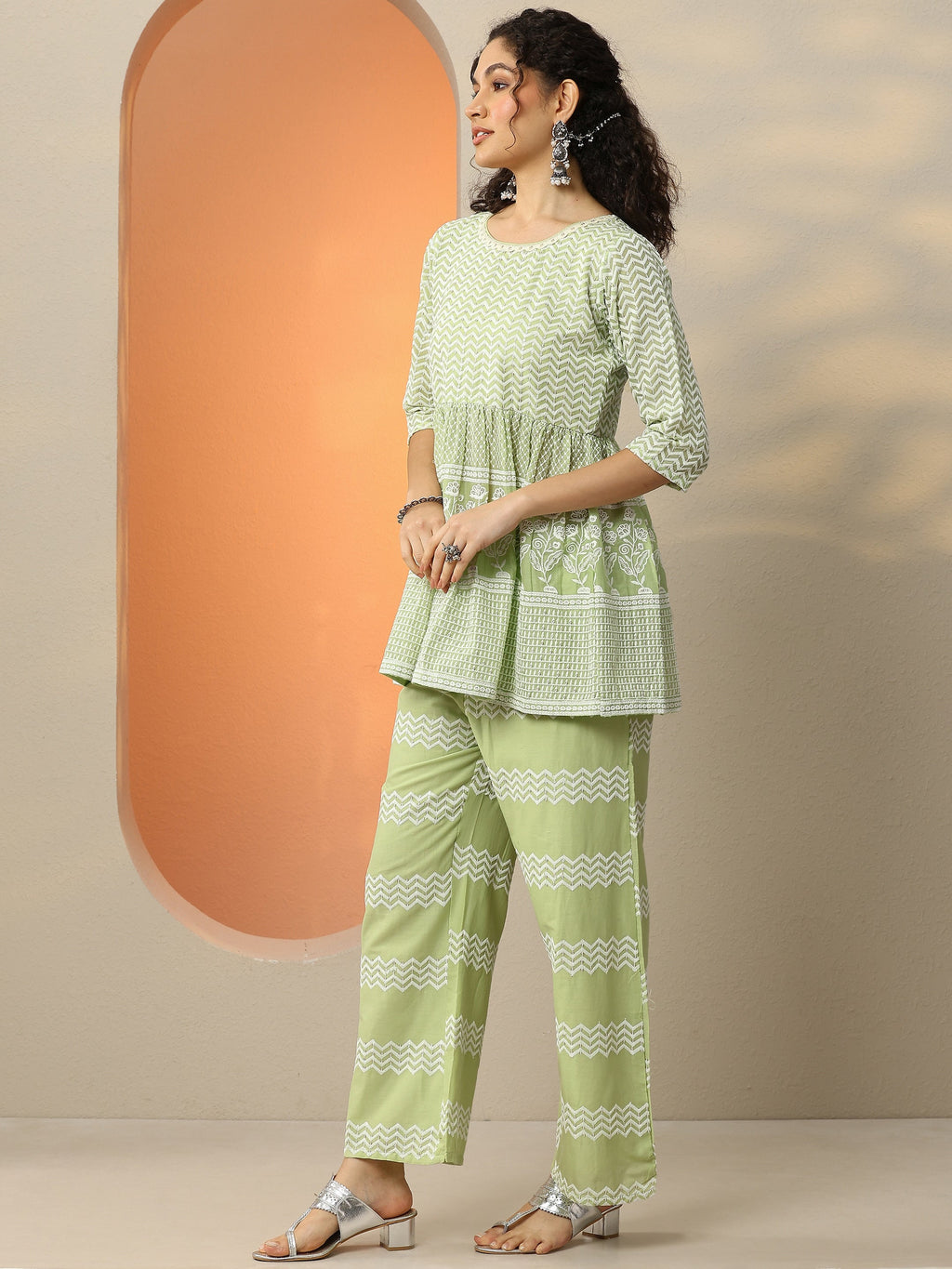 Green Embroidered Cotton Co-Ords