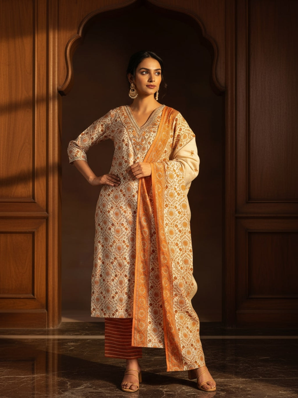 Orange Printed Silk Blend Straight Suit With Dupatta