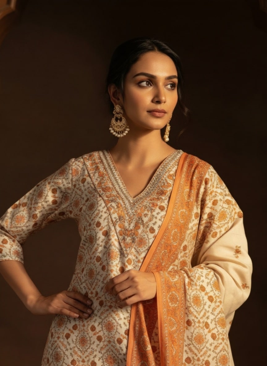 Orange Printed Silk Blend Straight Suit With Dupatta