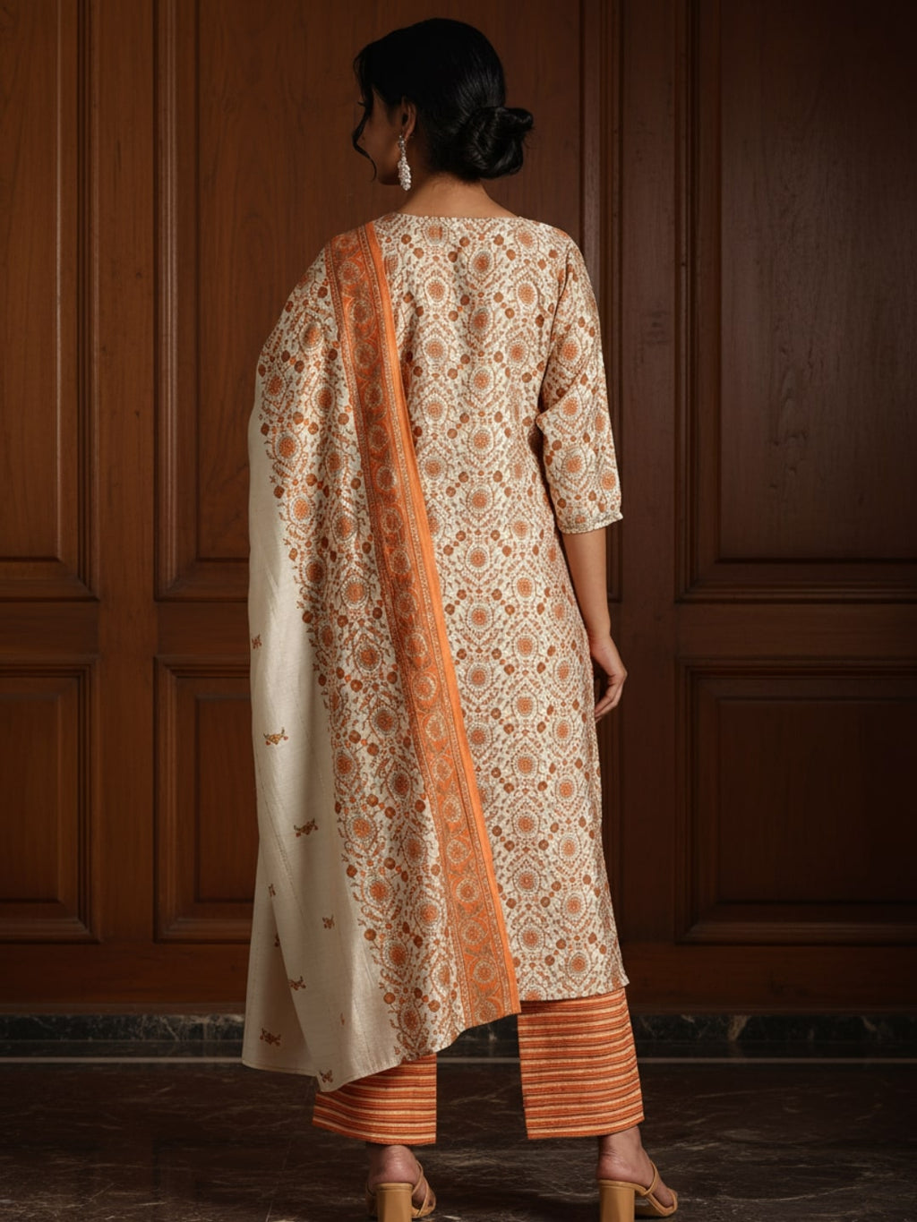 Orange Printed Silk Blend Straight Suit With Dupatta