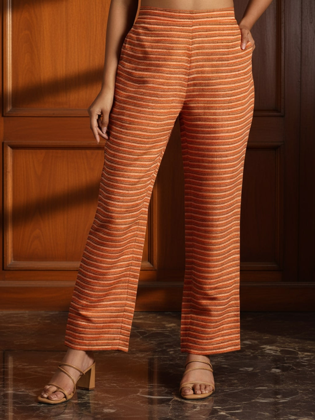 Orange Printed Silk Blend Straight Suit With Dupatta