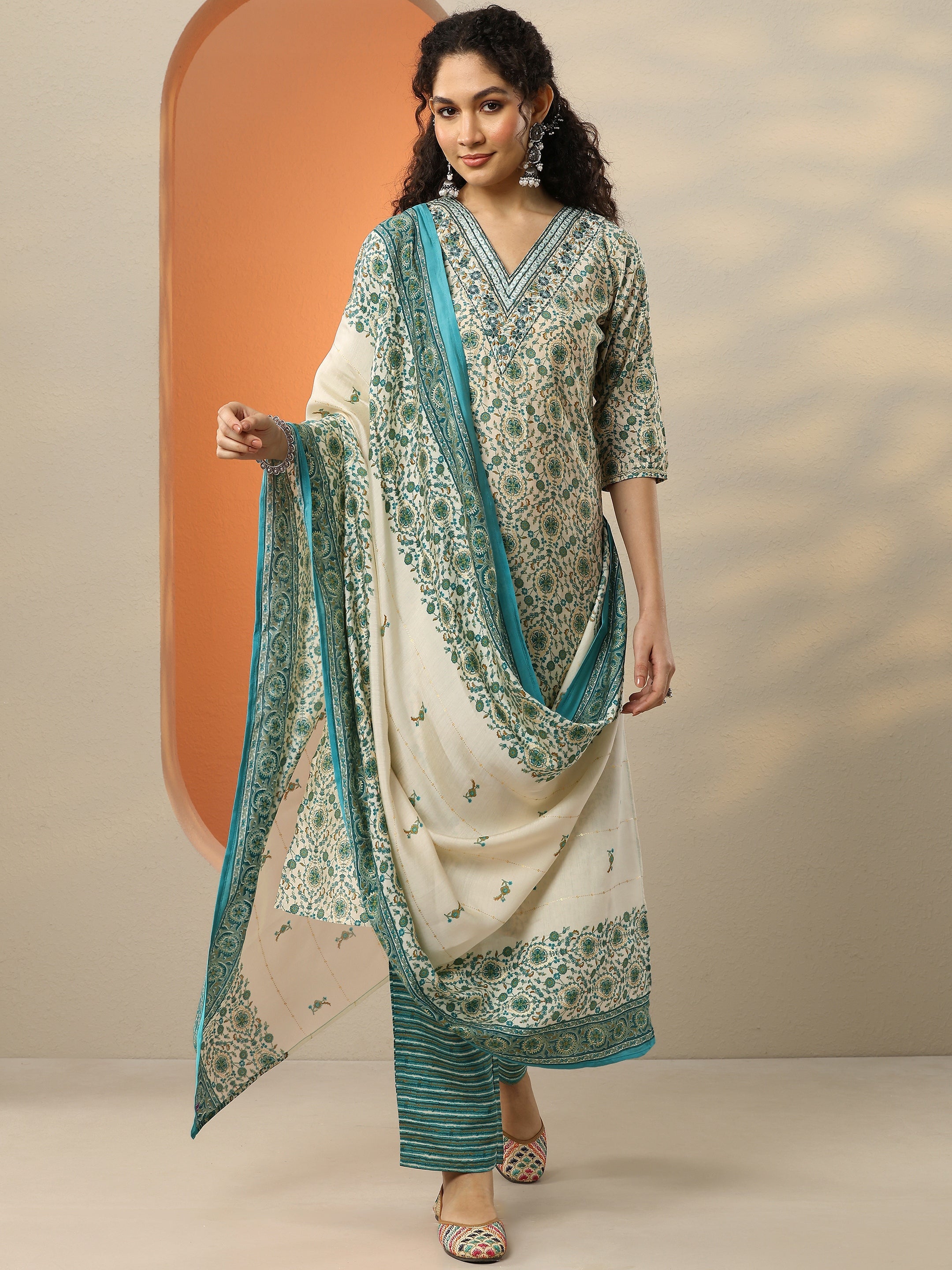 Blue Printed Silk Blend Straight Suit With Dupatta