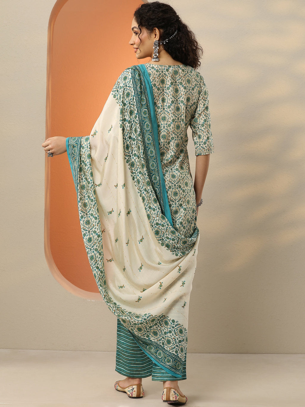Blue Printed Silk Blend Straight Suit With Dupatta
