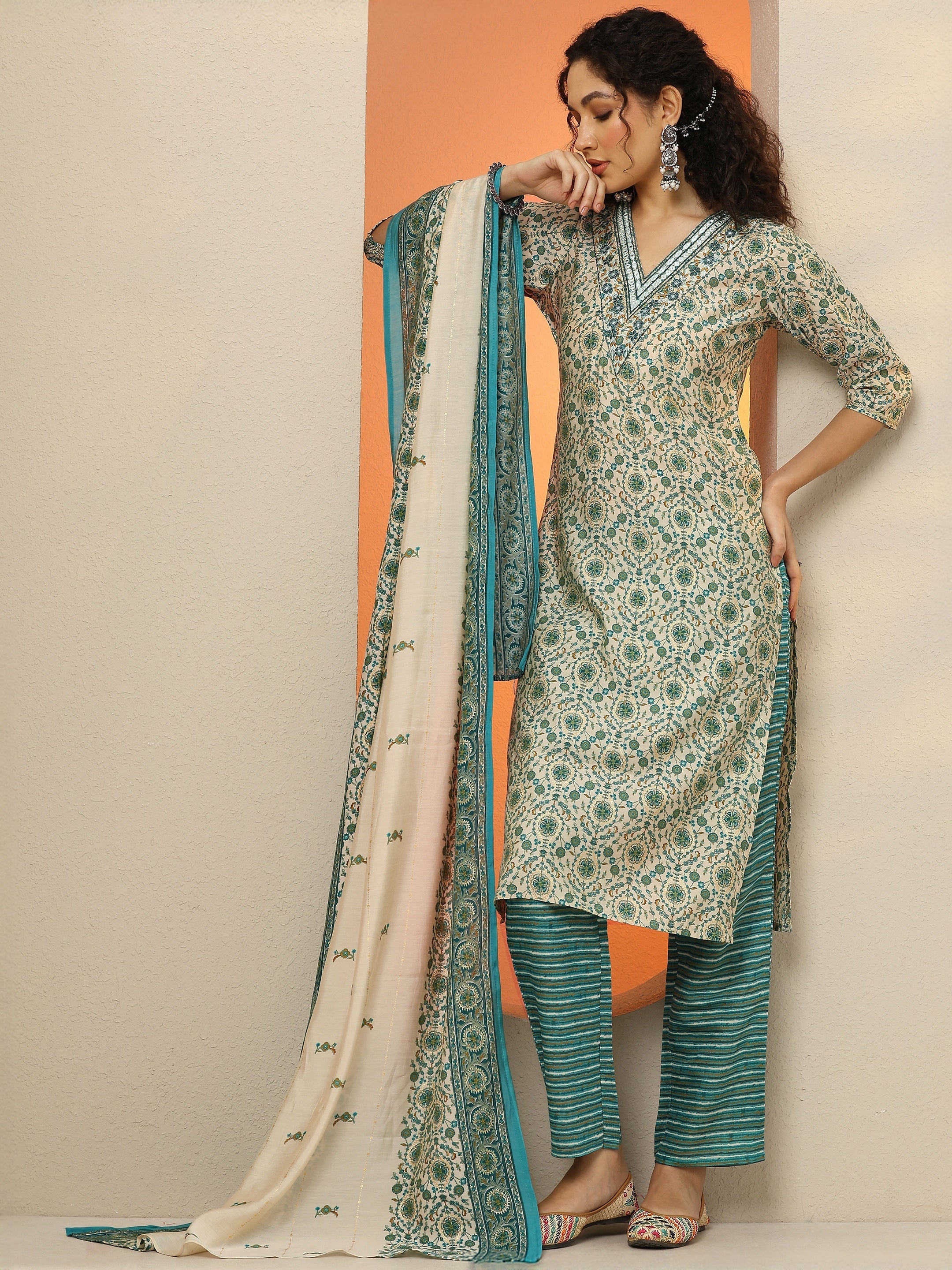 Blue Printed Silk Blend Straight Suit With Dupatta