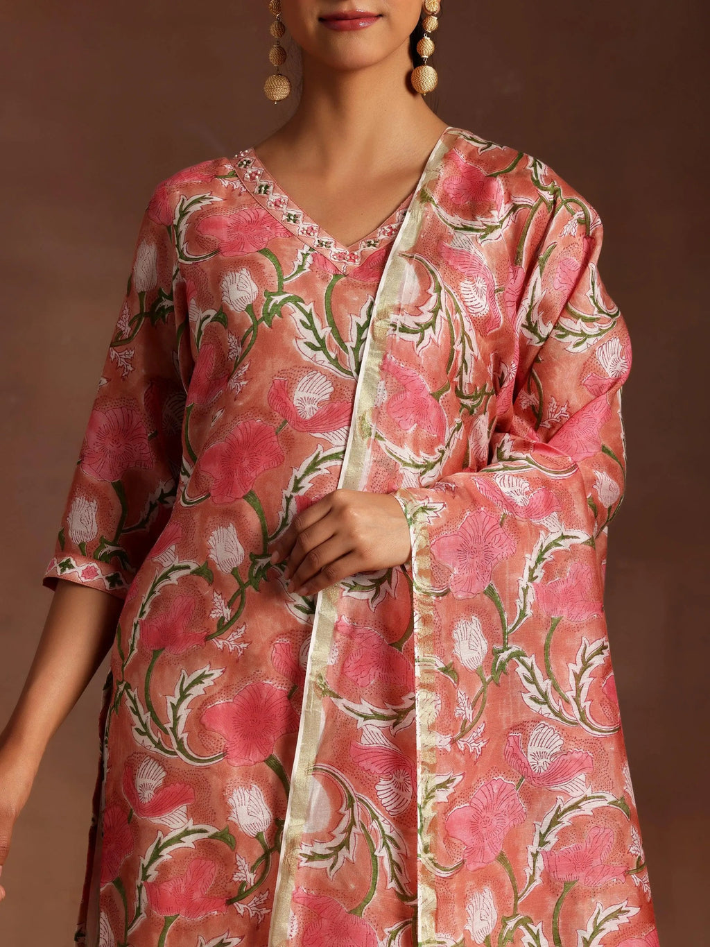 Peach Printed Cotton Straight Suit With Dupatta