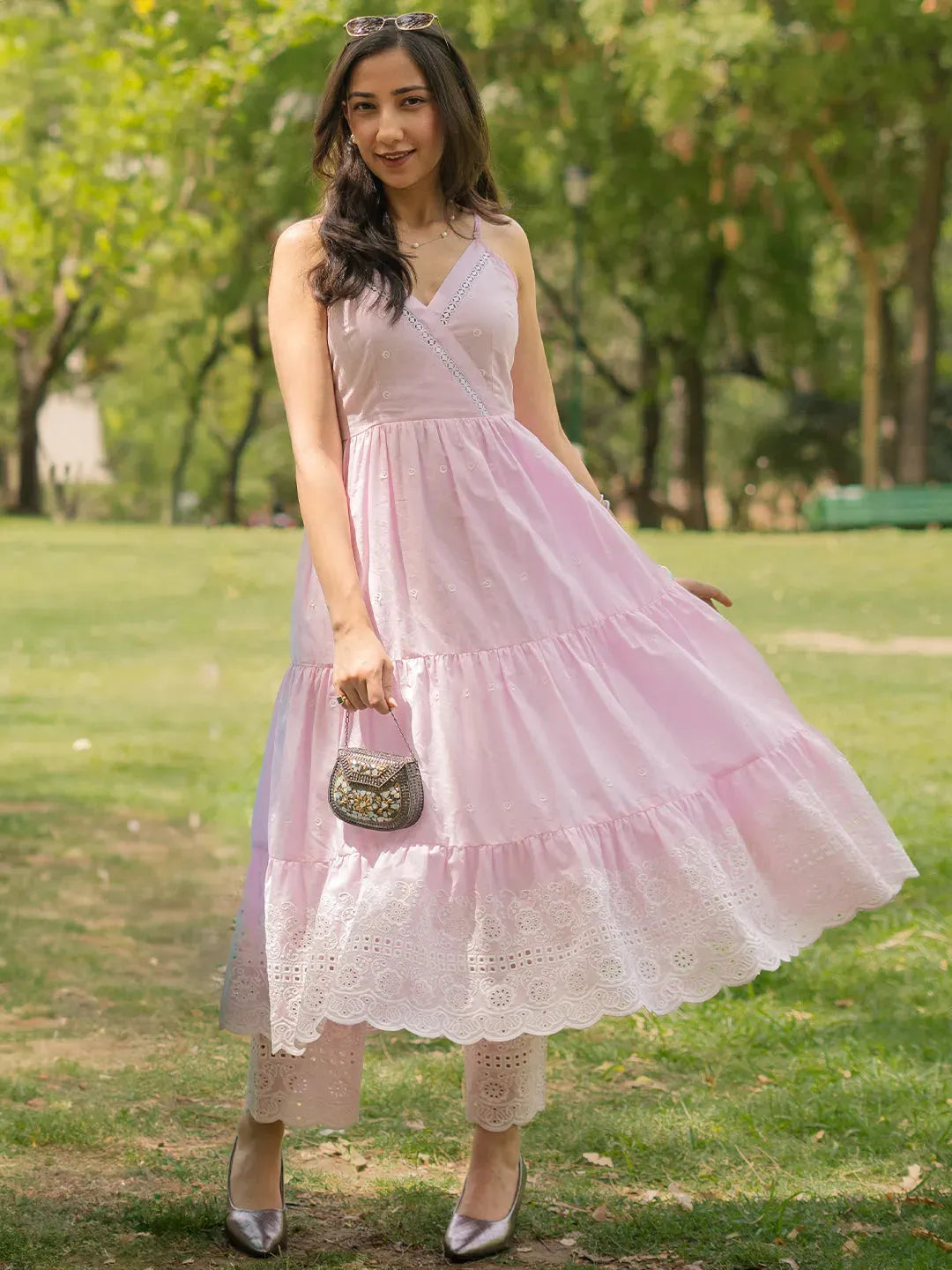 Pink Self Design Cotton Anarkali Kurta With Trousers