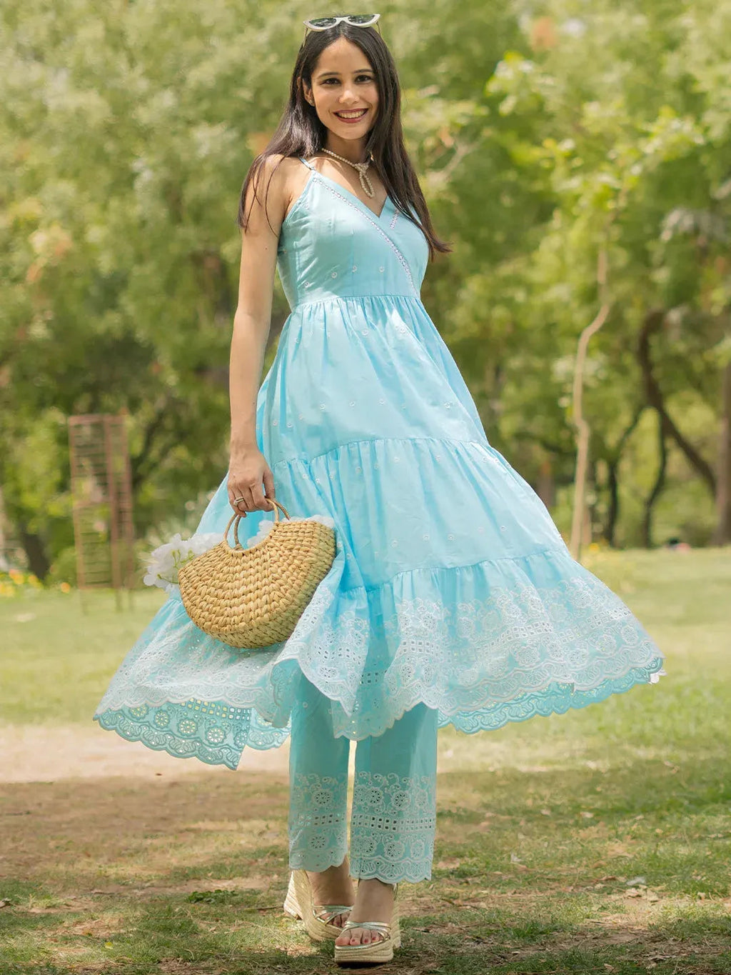 Blue Self Design Cotton Anarkali Kurta With Trousers