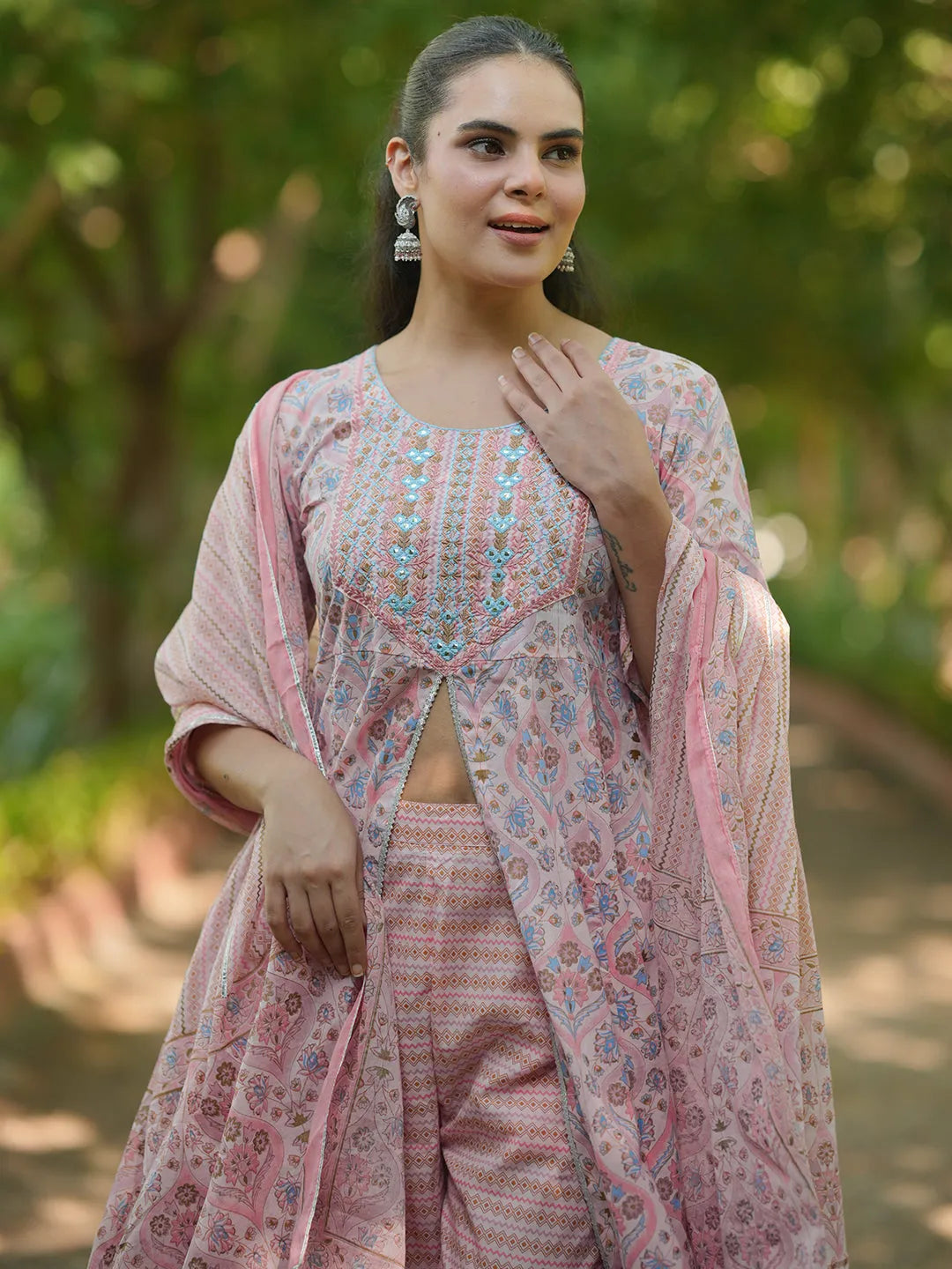 Pink Printed Cotton A-Line Kurta With Palazzos & Dupatta