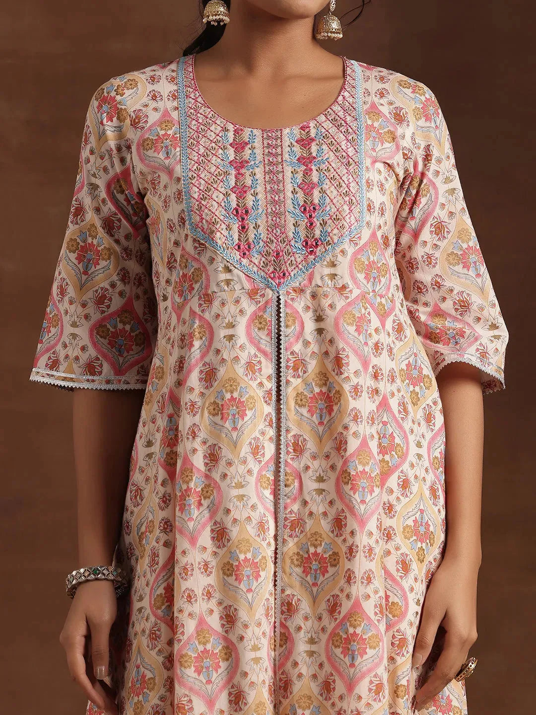 Beige Printed Cotton A-Line Kurta With Palazzos & Dupatta