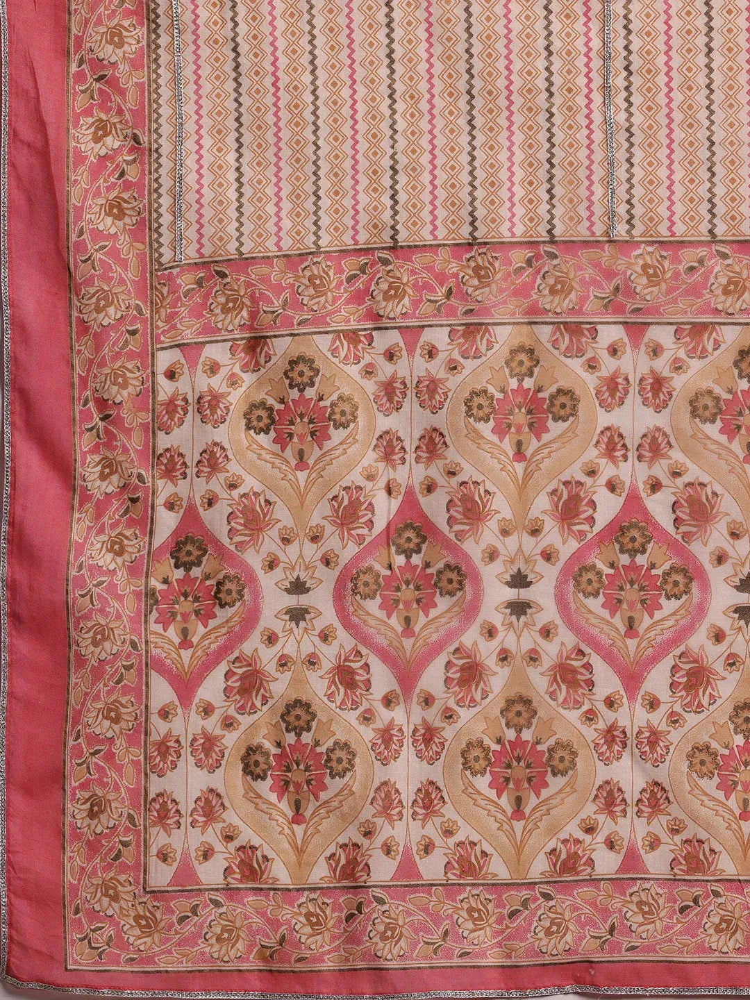 Beige Printed Cotton A-Line Kurta With Palazzos & Dupatta