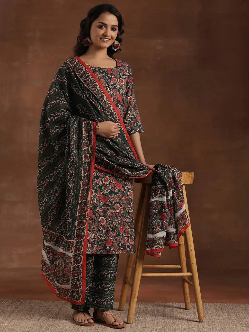 Green Printed Cotton Straight Suit With Dupatta