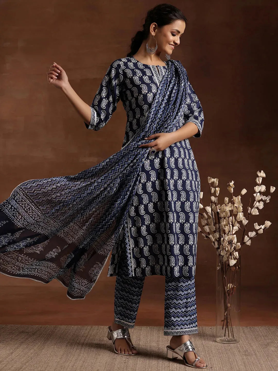 Indigo Printed Cotton Straight Suit With Dupatta
