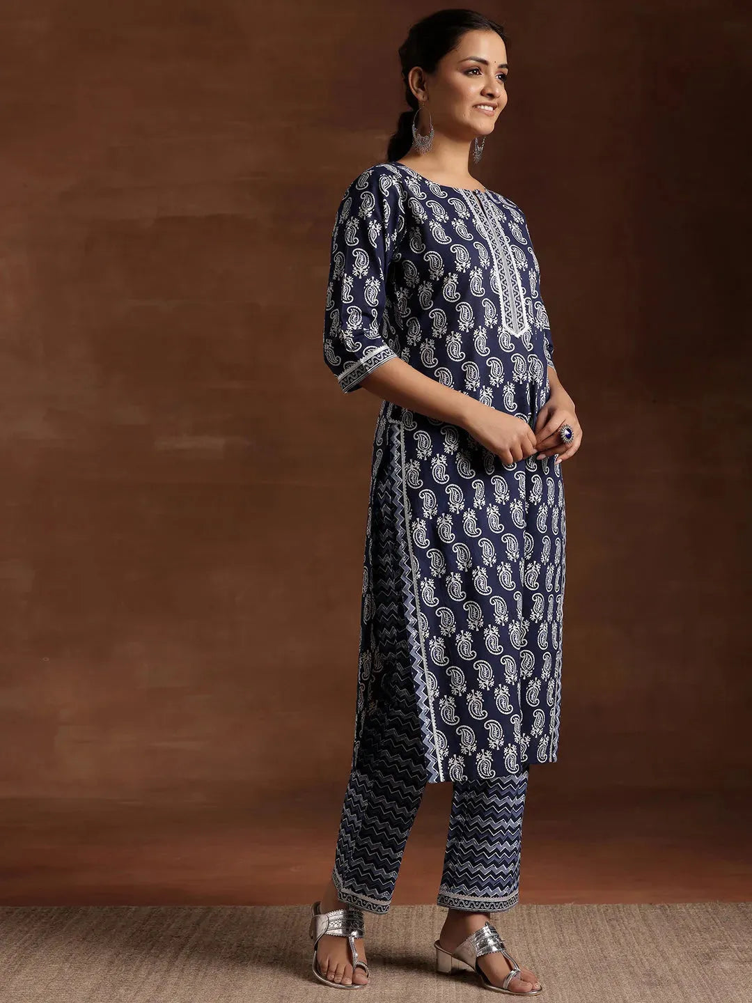 Indigo Printed Cotton Straight Suit With Dupatta