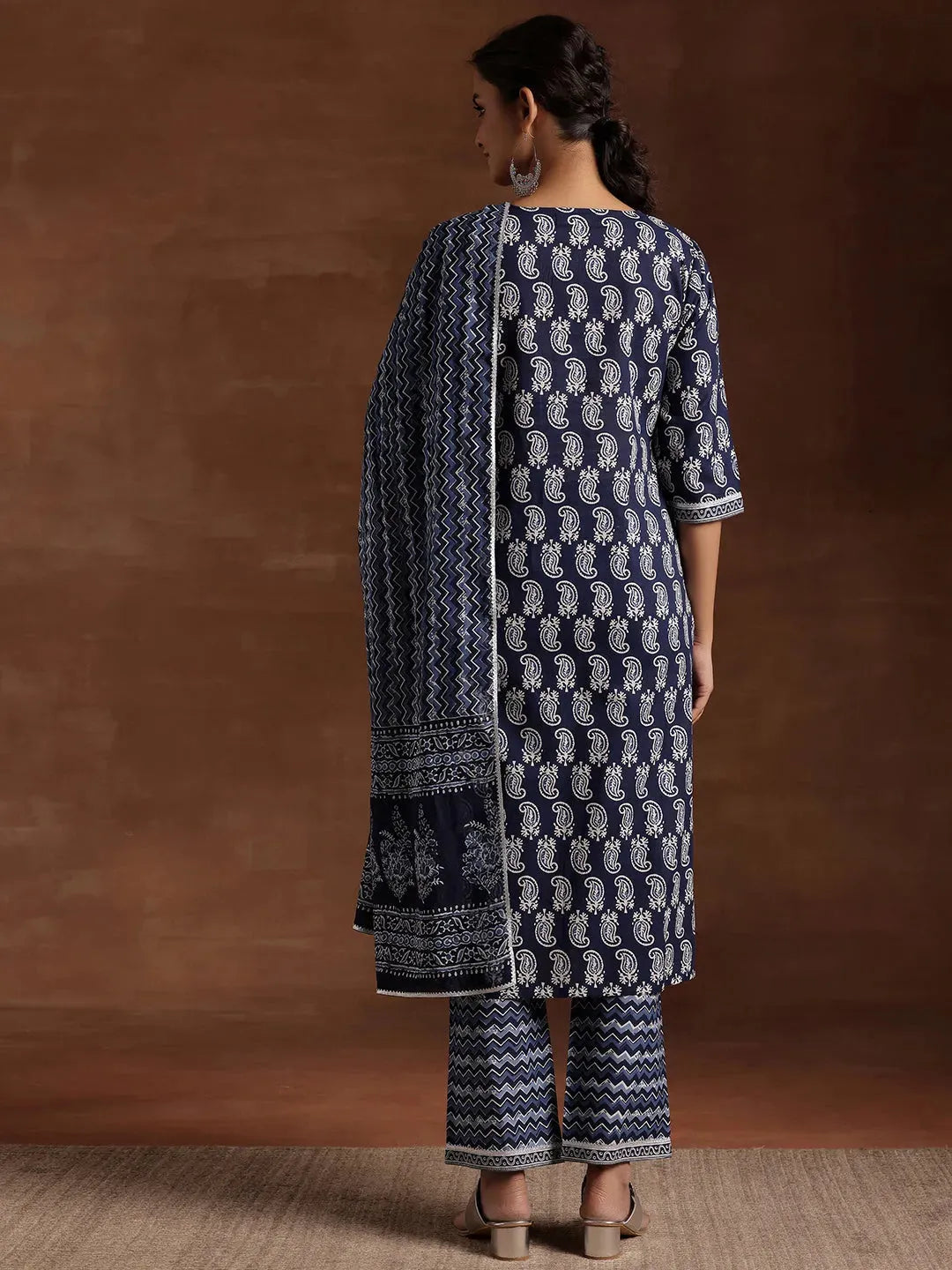 Indigo Printed Cotton Straight Suit With Dupatta