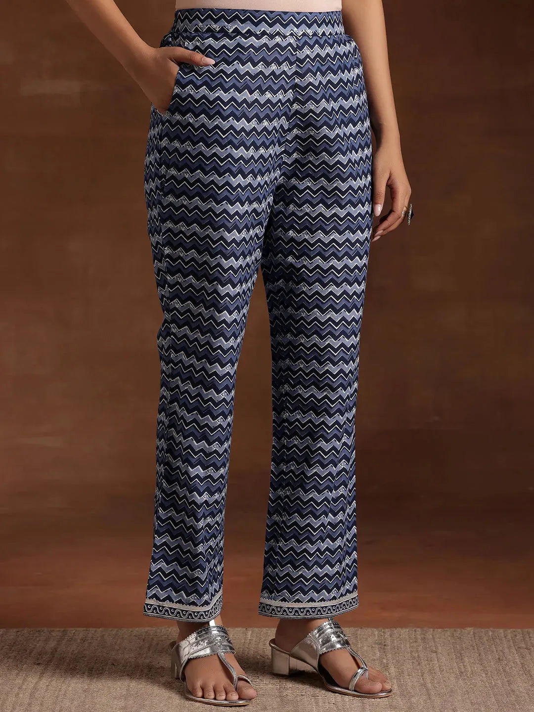 Indigo Printed Cotton Straight Suit With Dupatta