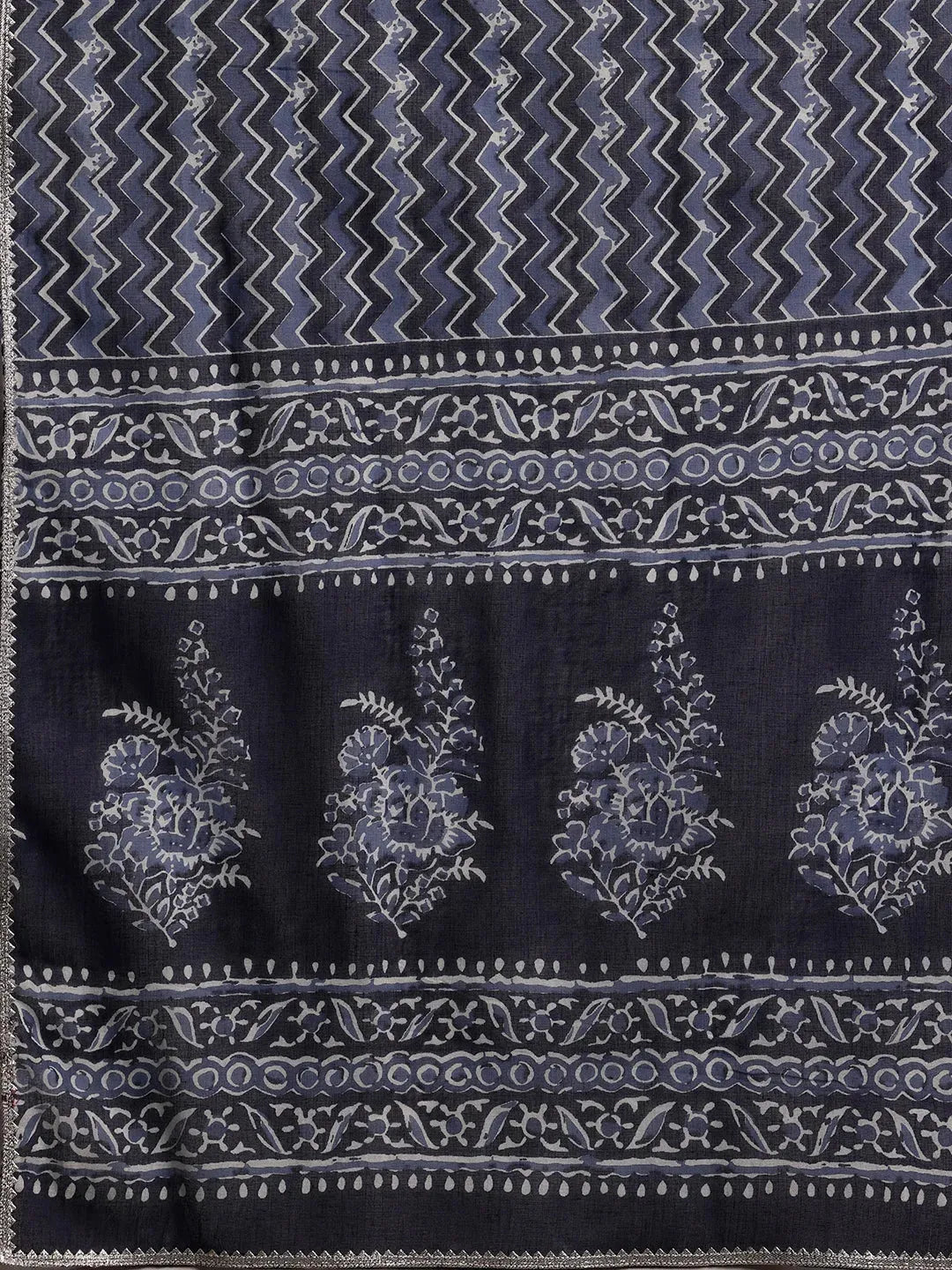 Indigo Printed Cotton Straight Suit With Dupatta