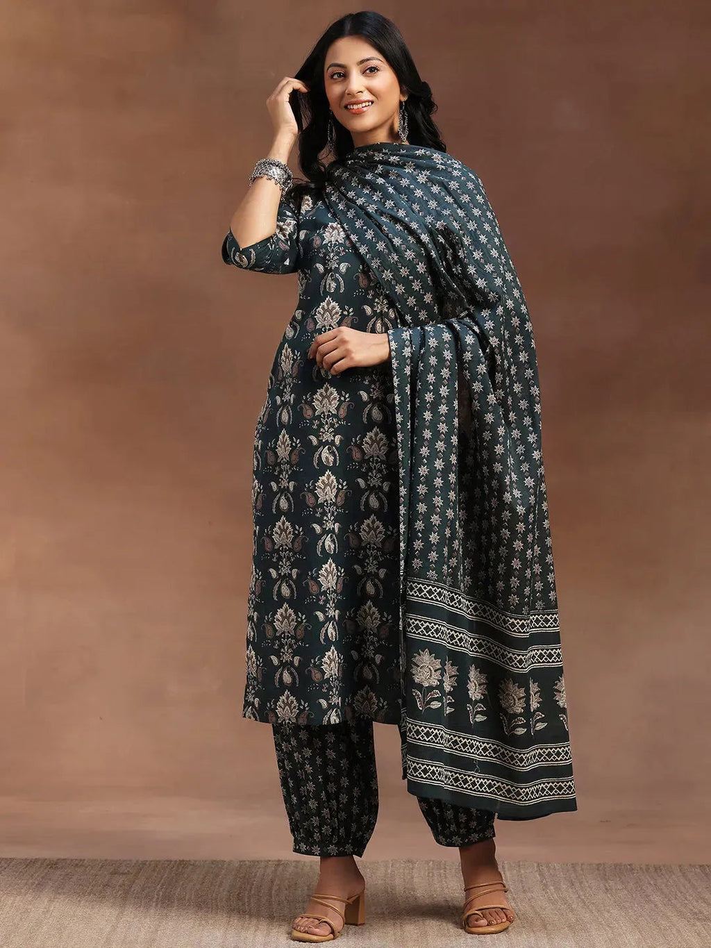 Green Printed Cotton Straight Suit With Dupatta