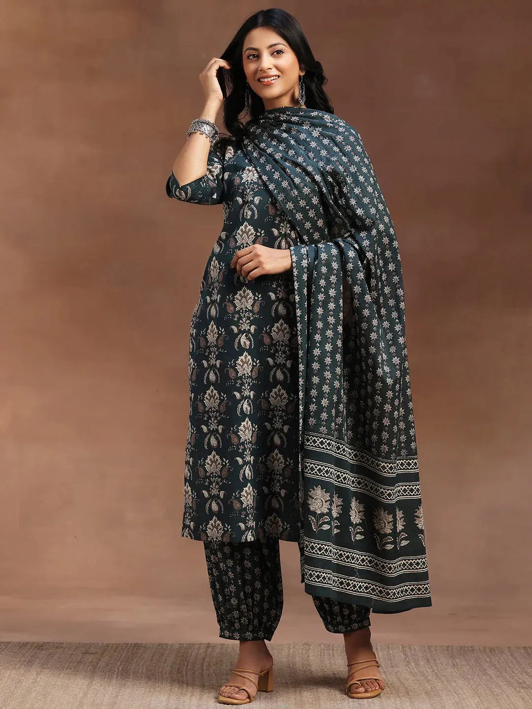 Green Printed Cotton Straight Suit With Dupatta