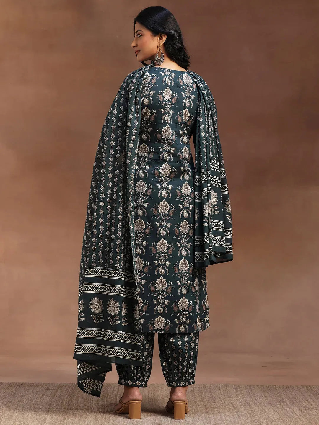 Green Printed Cotton Straight Suit With Dupatta