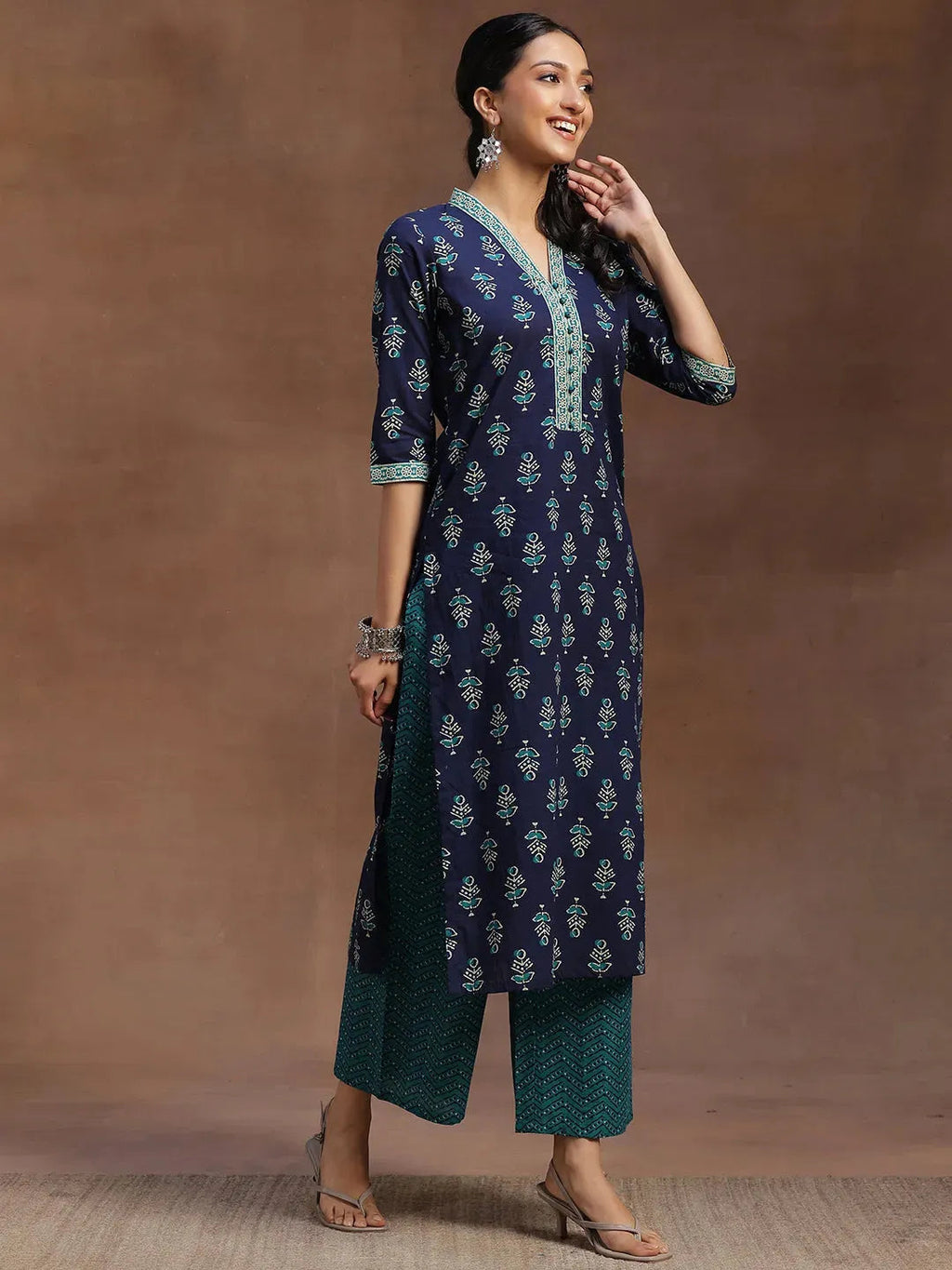 Blue Printed Cotton Straight Suit With Dupatta