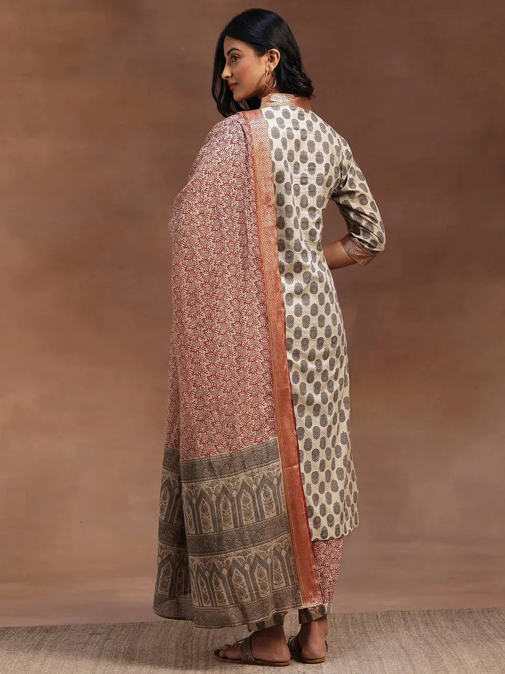 Beige Printed Cotton Straight Suit With Dupatta