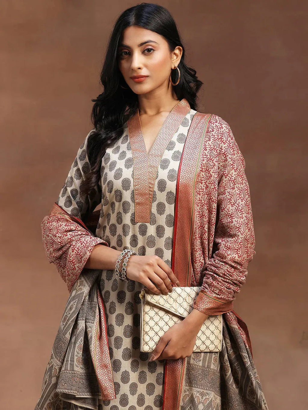 Beige Printed Cotton Straight Suit With Dupatta