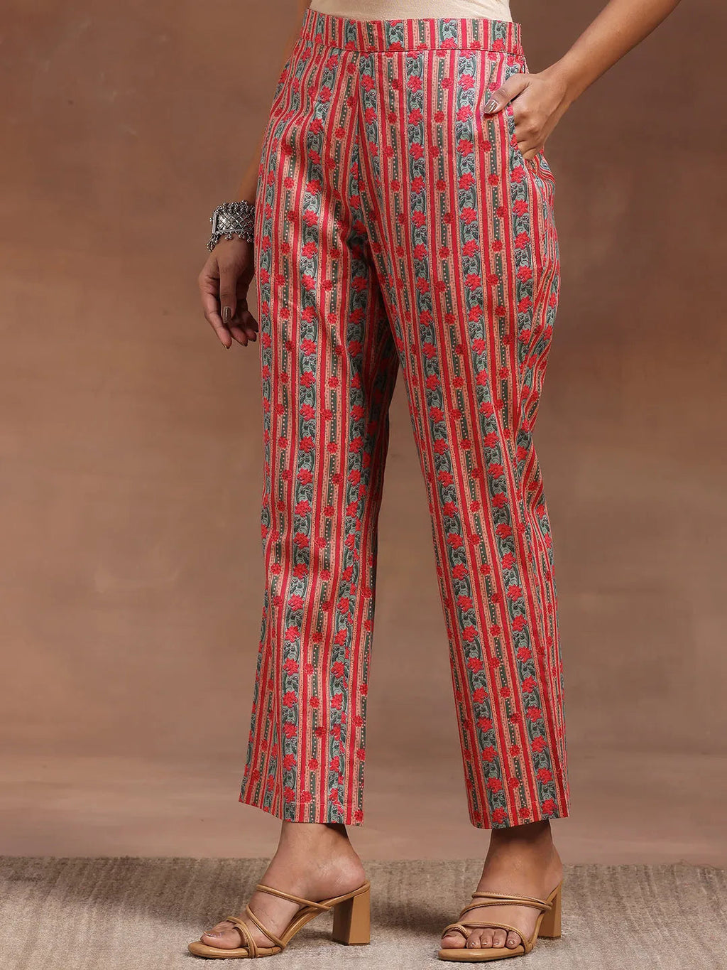 Peach Printed Cotton A-line Kurta With Trousers & Dupatta