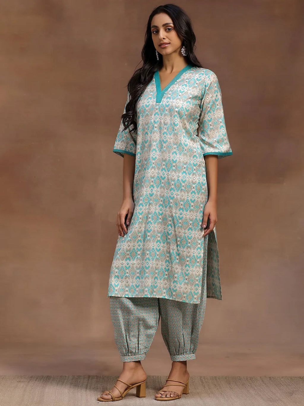 Blue Printed Silk Blend Straight Suit With Dupatta