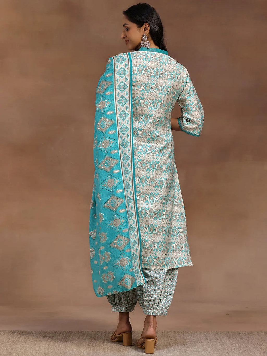 Blue Printed Silk Blend Straight Suit With Dupatta