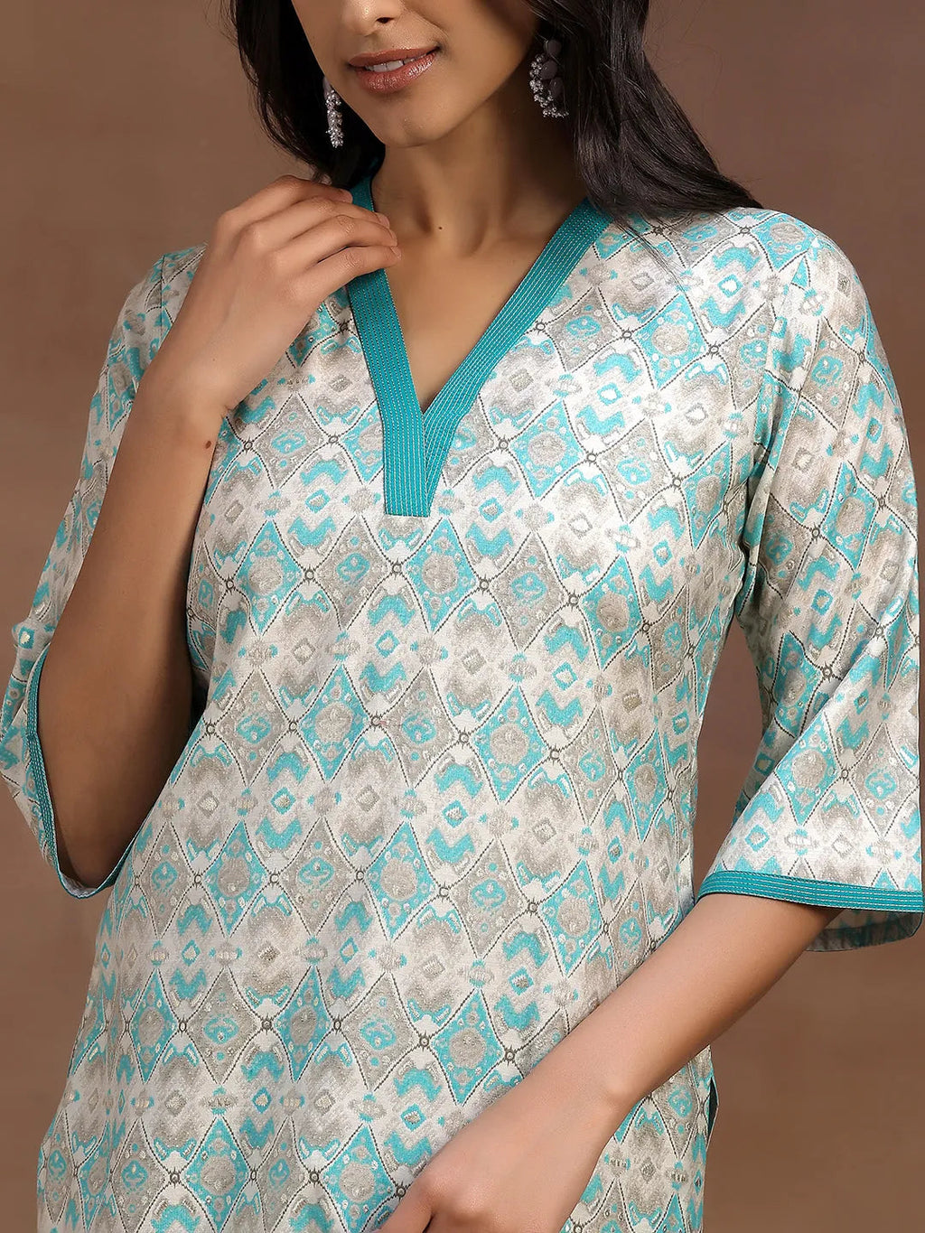 Blue Printed Silk Blend Straight Suit With Dupatta