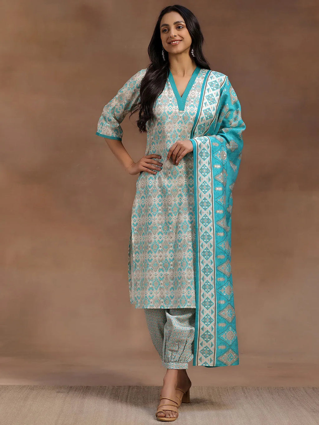 Blue Printed Silk Blend Straight Suit With Dupatta