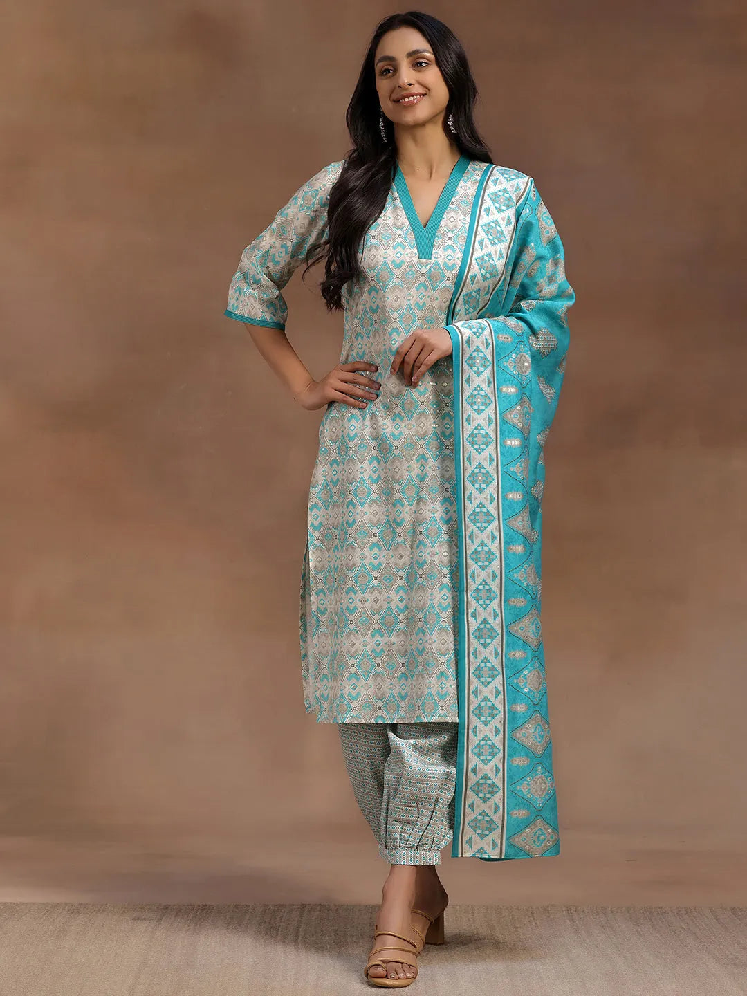Blue Printed Silk Blend Straight Suit With Dupatta