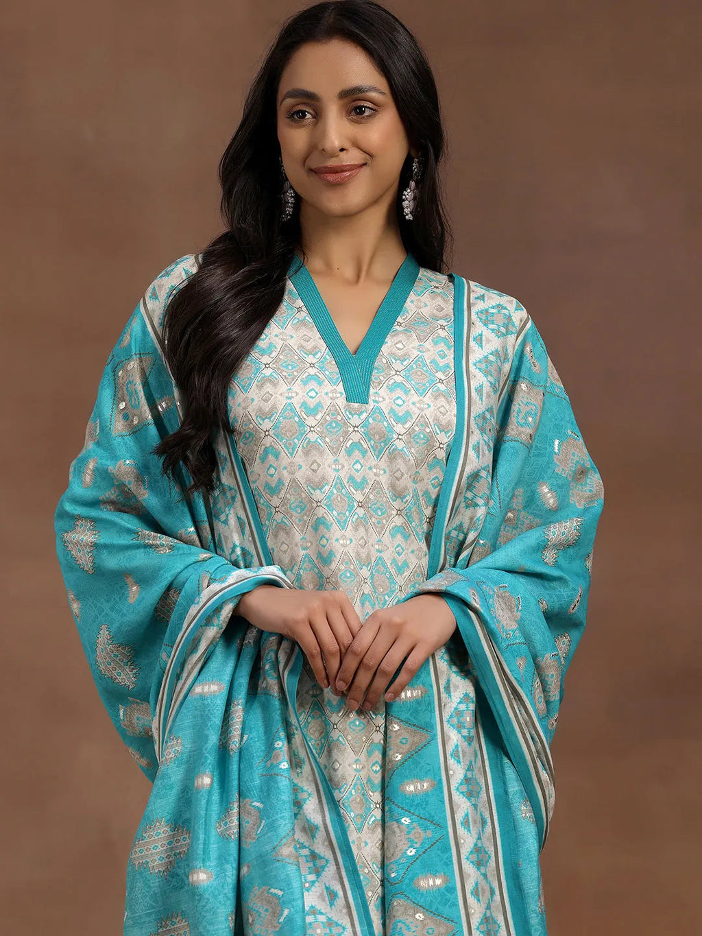 Blue Printed Silk Blend Straight Suit With Dupatta