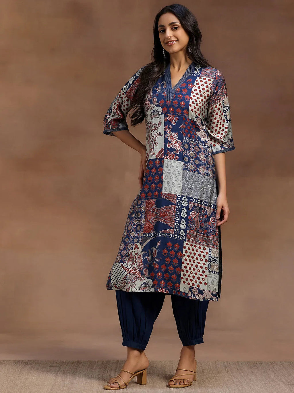 Blue Printed Silk Blend Straight Suit With Dupatta