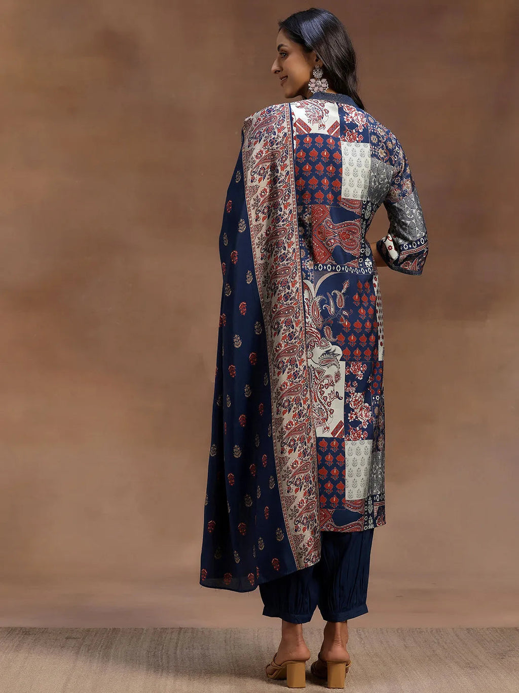 Blue Printed Silk Blend Straight Suit With Dupatta