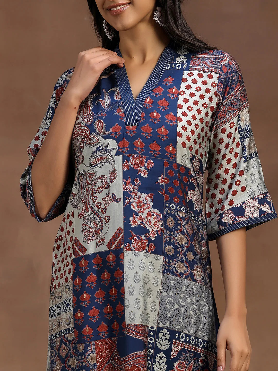 Blue Printed Silk Blend Straight Suit With Dupatta