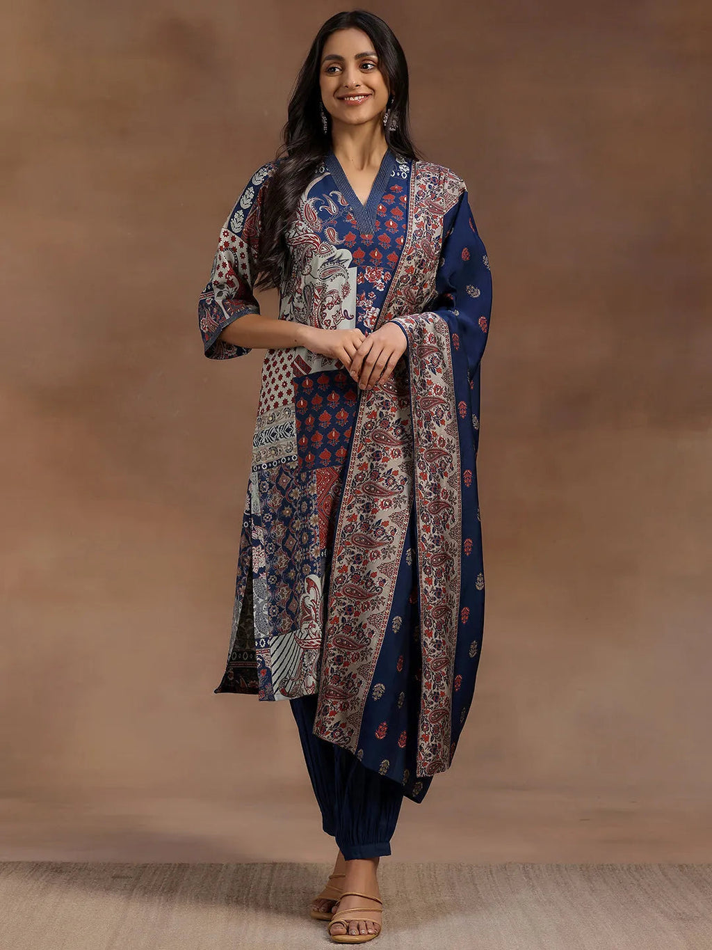 Blue Printed Silk Blend Straight Suit With Dupatta