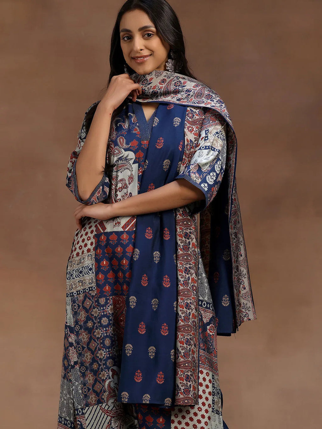 Blue Printed Silk Blend Straight Suit With Dupatta