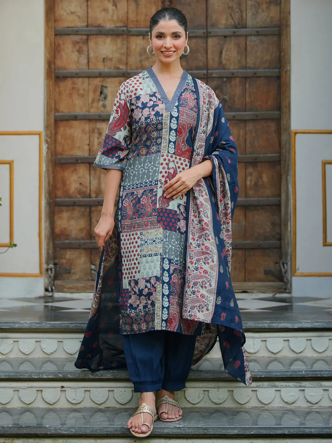 Blue Printed Silk Blend Straight Suit With Dupatta