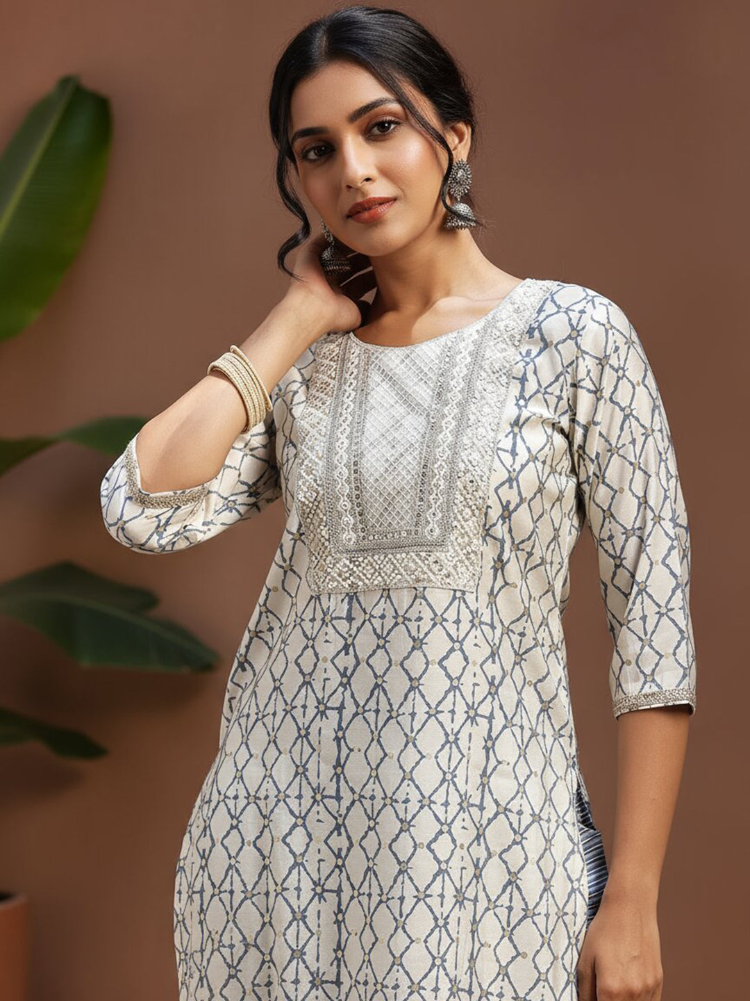 Off White Printed Silk Blend Straight Suit With Dupatta