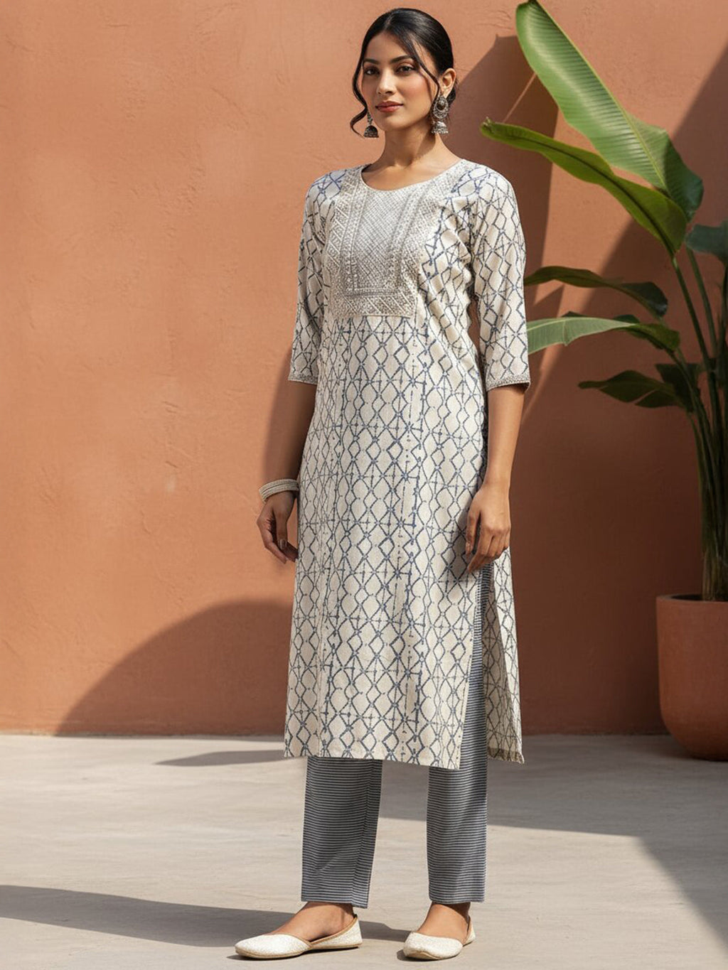 Off White Printed Silk Blend Straight Suit With Dupatta