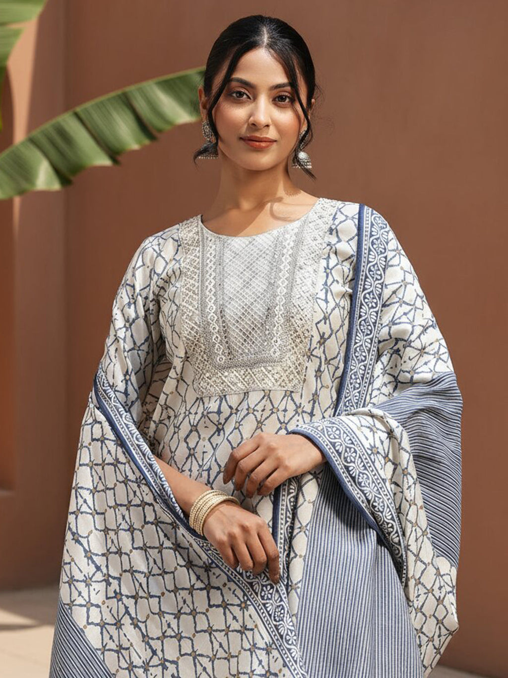 Off White Printed Silk Blend Straight Suit With Dupatta