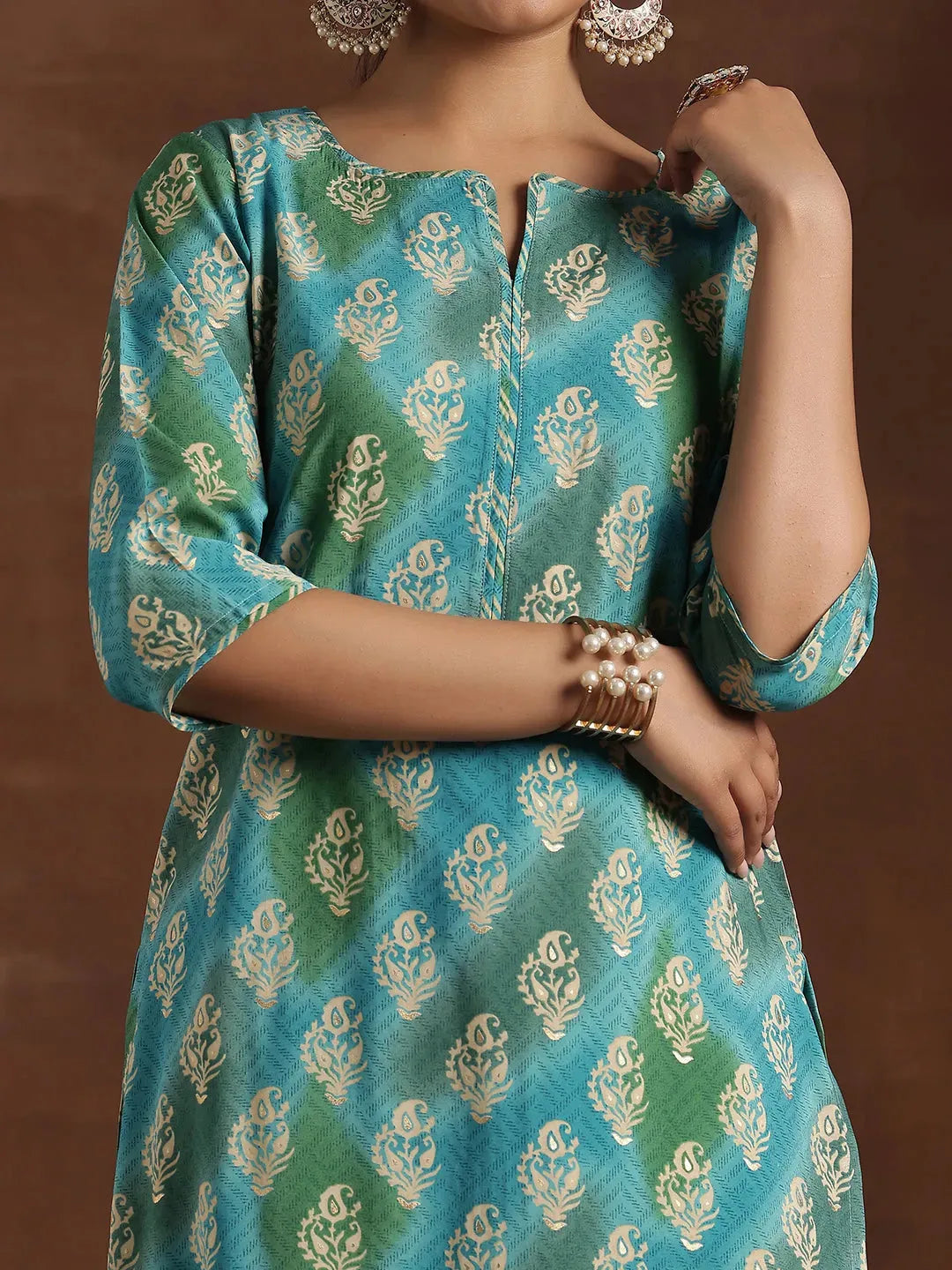 Blue Printed Silk Blend Straight Suit With Dupatta