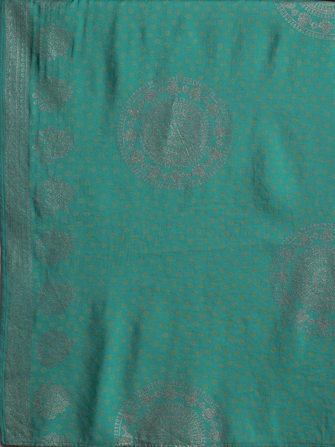 Blue Printed Silk Blend Straight Suit With Dupatta
