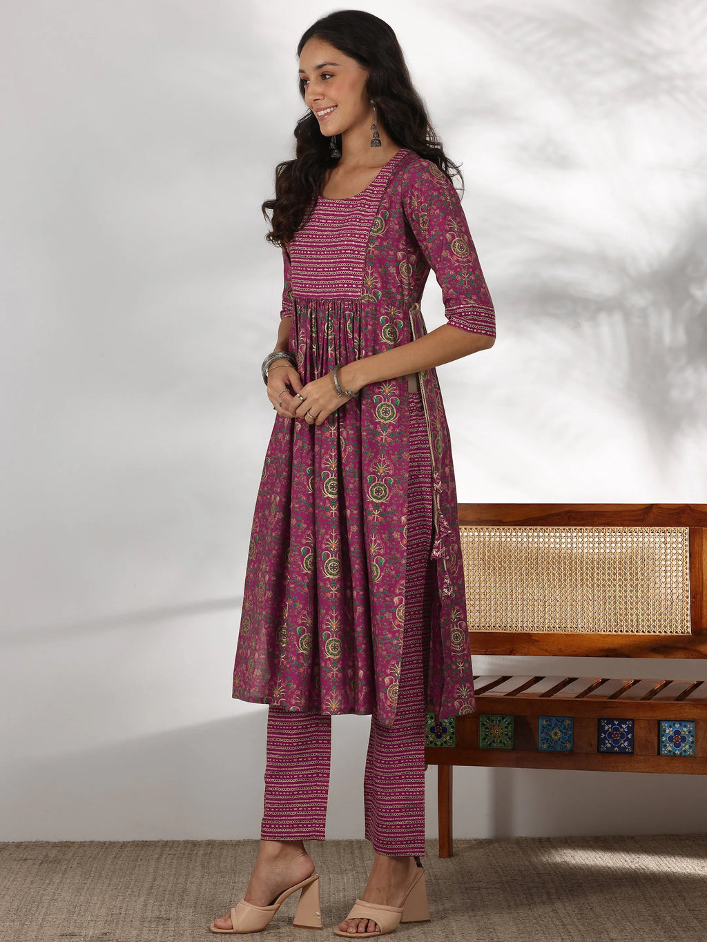 Pink Printed Silk Blend A-Line Kurta With Trousers & Dupatta