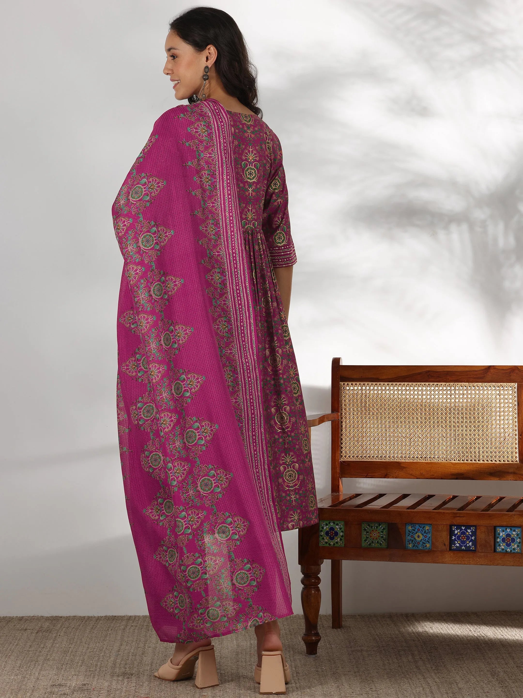 Pink Printed Silk Blend A-Line Kurta With Trousers & Dupatta